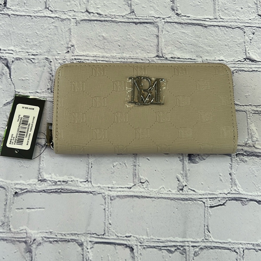 NWT BADGLEY MISCHKA Vegan Leather‎ Diamond Quilting Long Taupe Zip Around Wallet